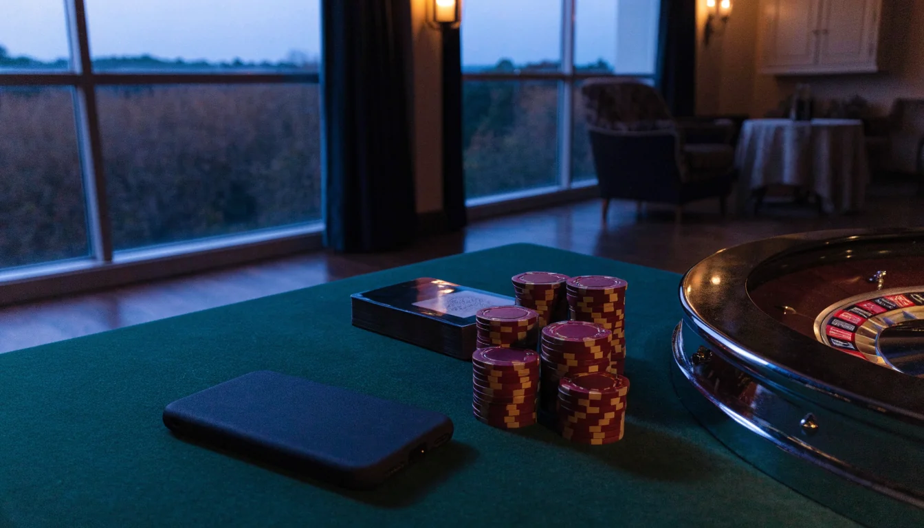 Luxury UK casino table with roulette wheel, chips and cards