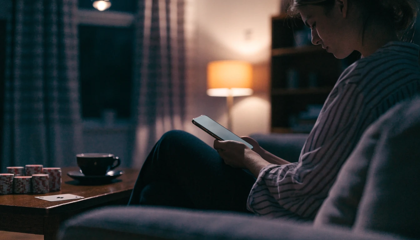 Person in UK living room with phone face-down, poker chips and tea on table