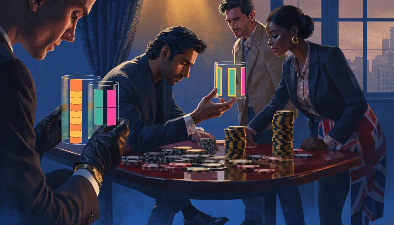 Adult UK casino players examining slot symbols and chips around a premium table