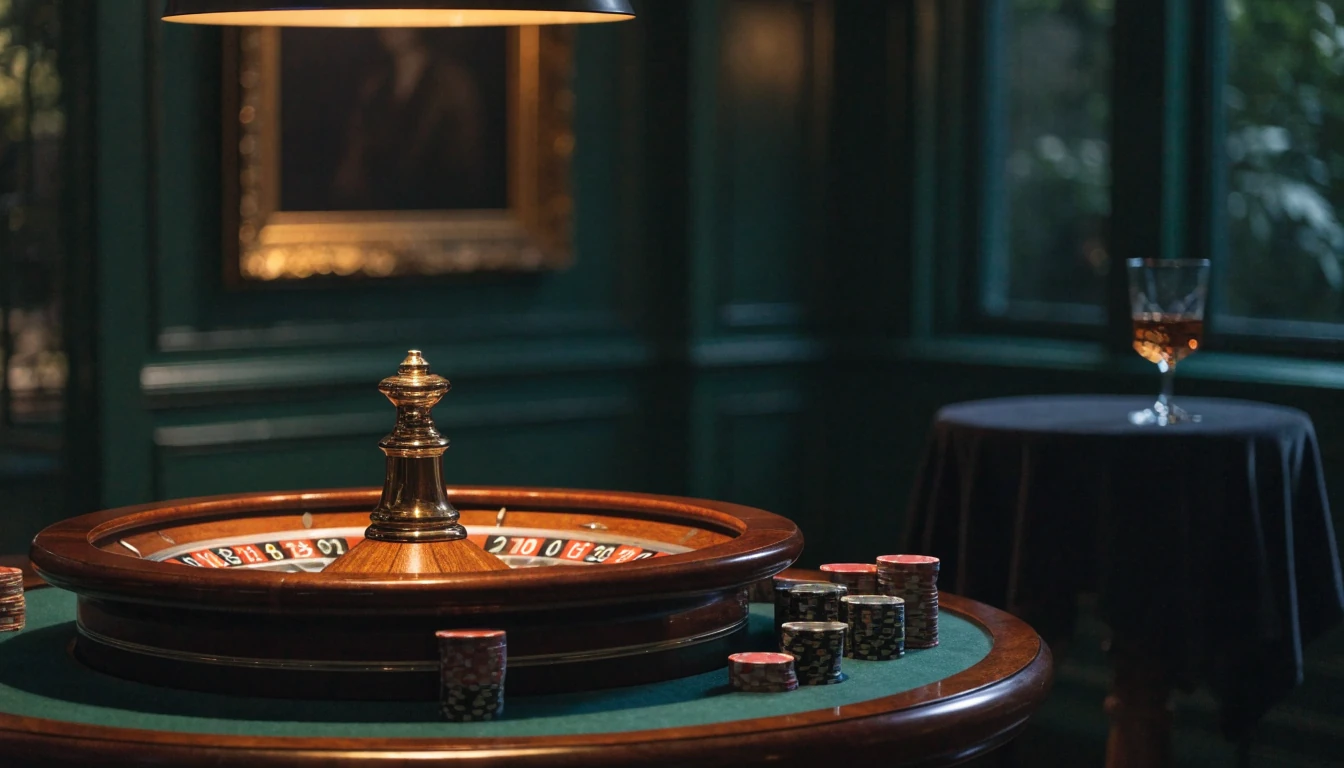 Elegant London casino lounge with roulette wheel and chip stacks at night