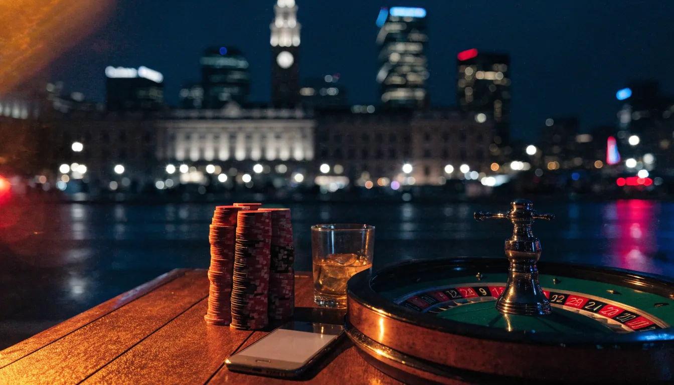 British casino scene with roulette wheel and chips at night
