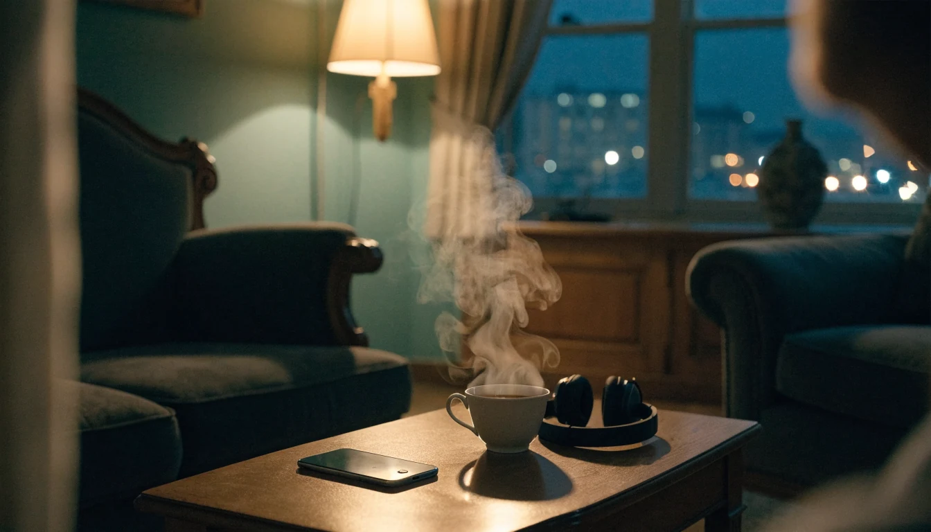 Cozy British living room scene with smartphone, tea, and headphones suggesting online gaming entertainment