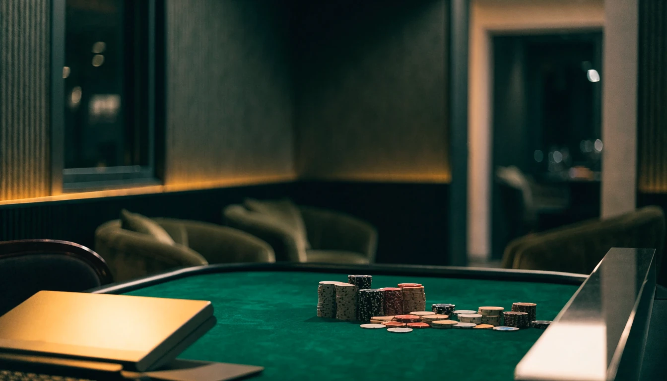 Sophisticated UK casino lounge with hidden screen, chips, and green gaming table