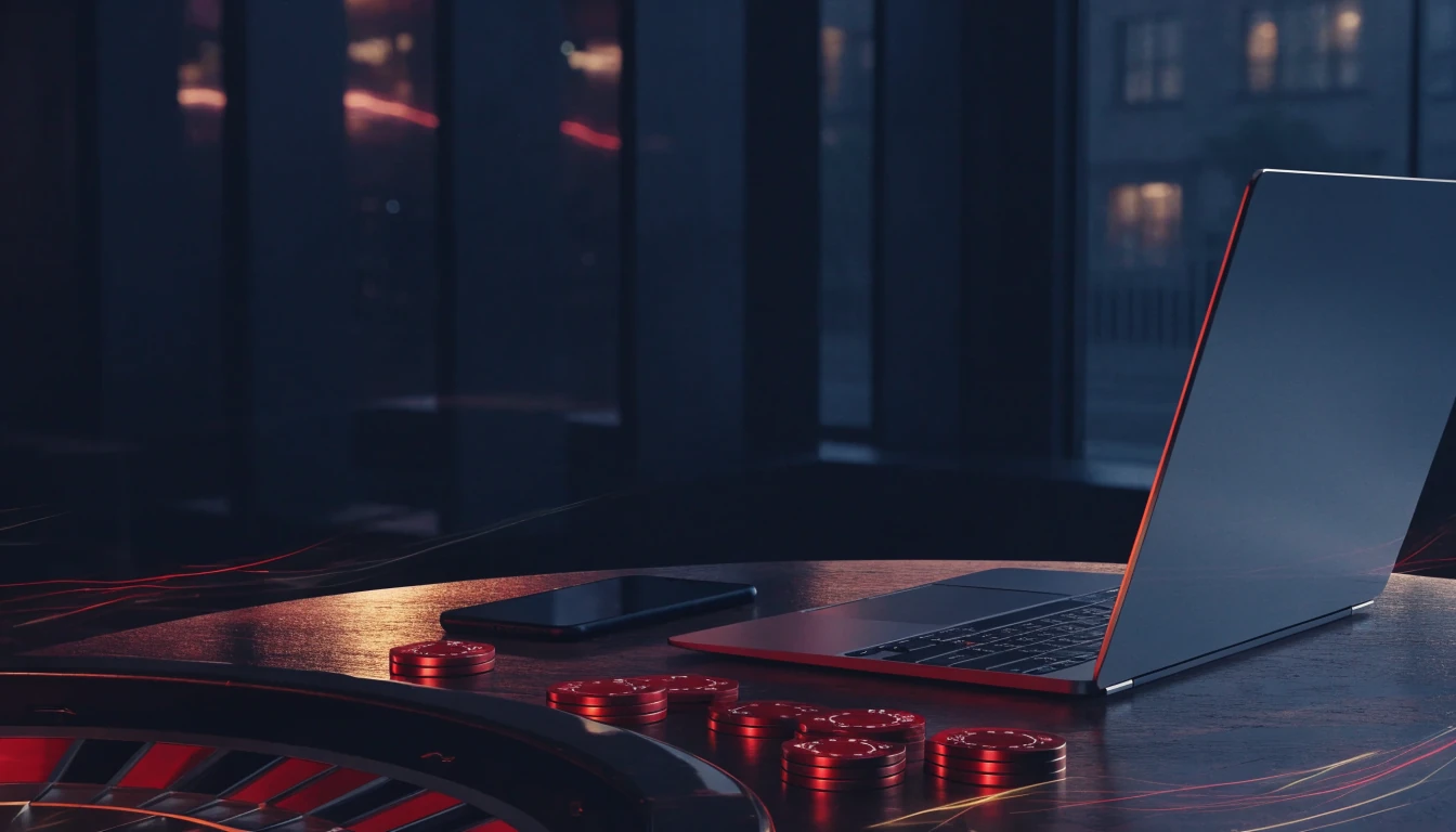 Premium UK casino editorial scene with red chips and abstract reel-inspired light