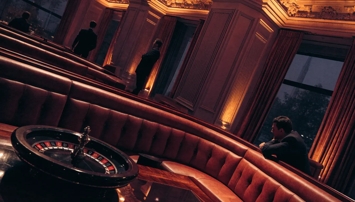 Elegant UK casino lounge at night with roulette table and ambient lighting