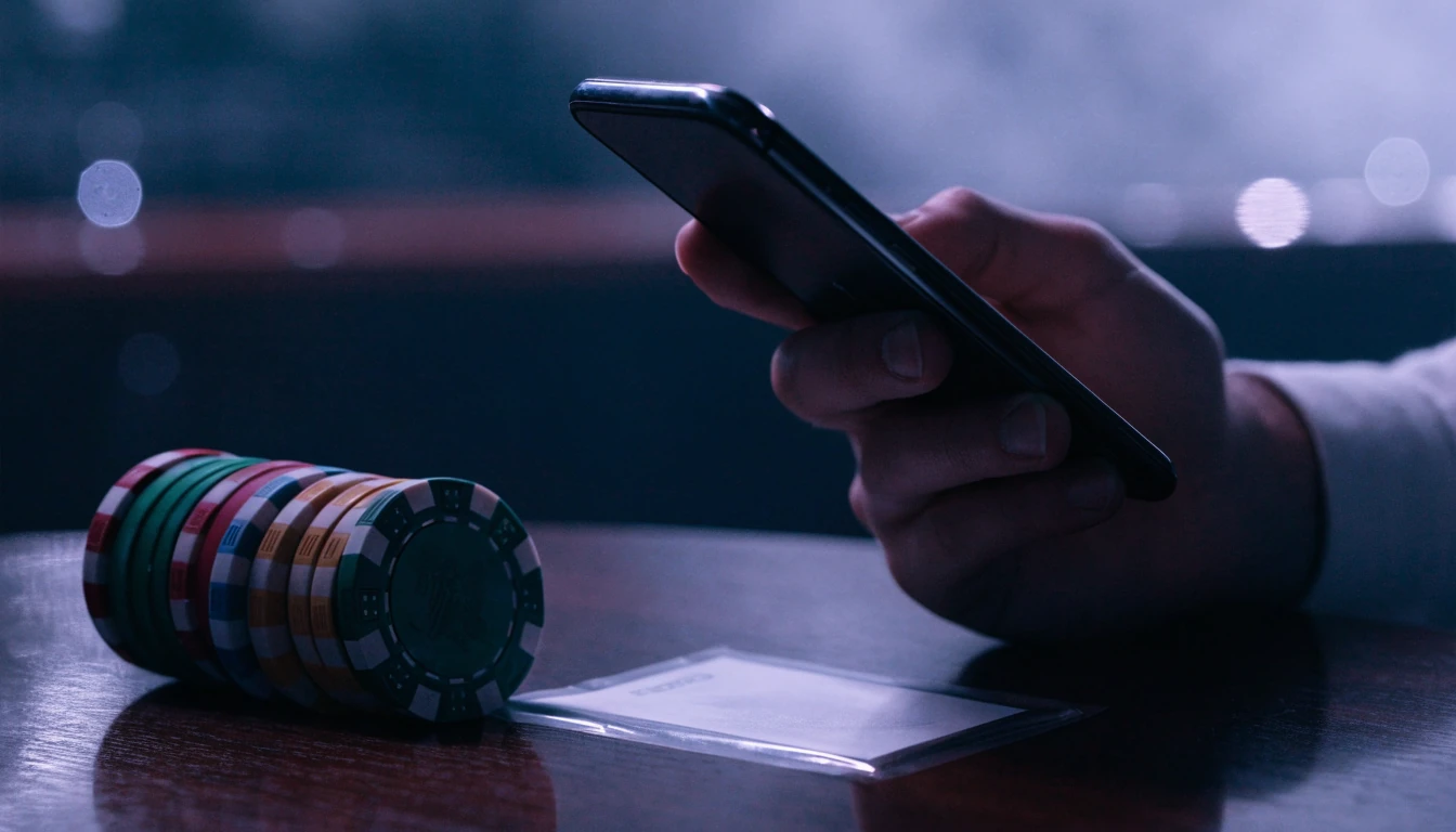 Smartphone turned away beside casino chips in a sophisticated UK setting