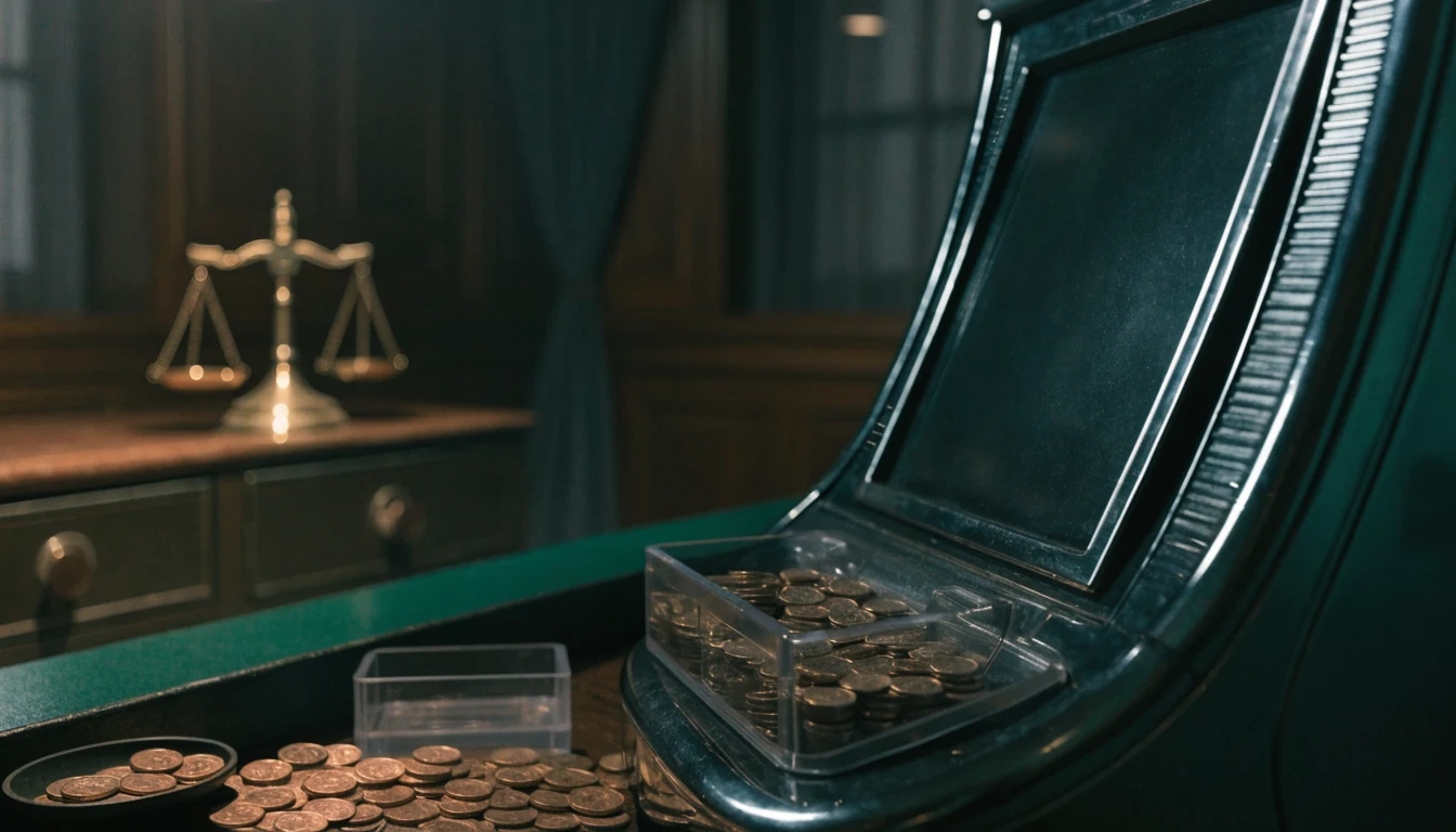 Dark slot machine with coins illustrating theoretical payout versus individual results
