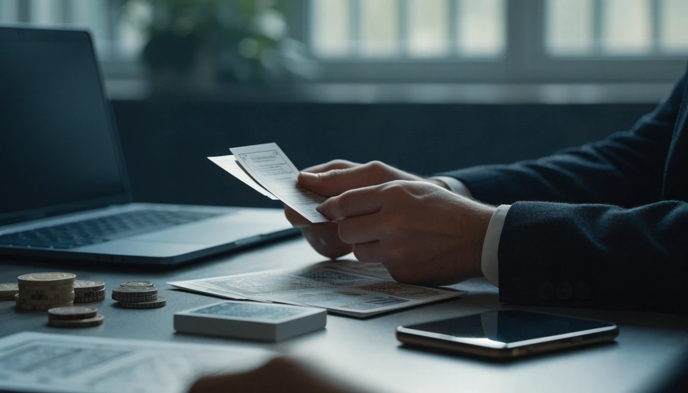 Analyst comparing unbranded game catalogue cards beside closed devices in a casino-themed workspace