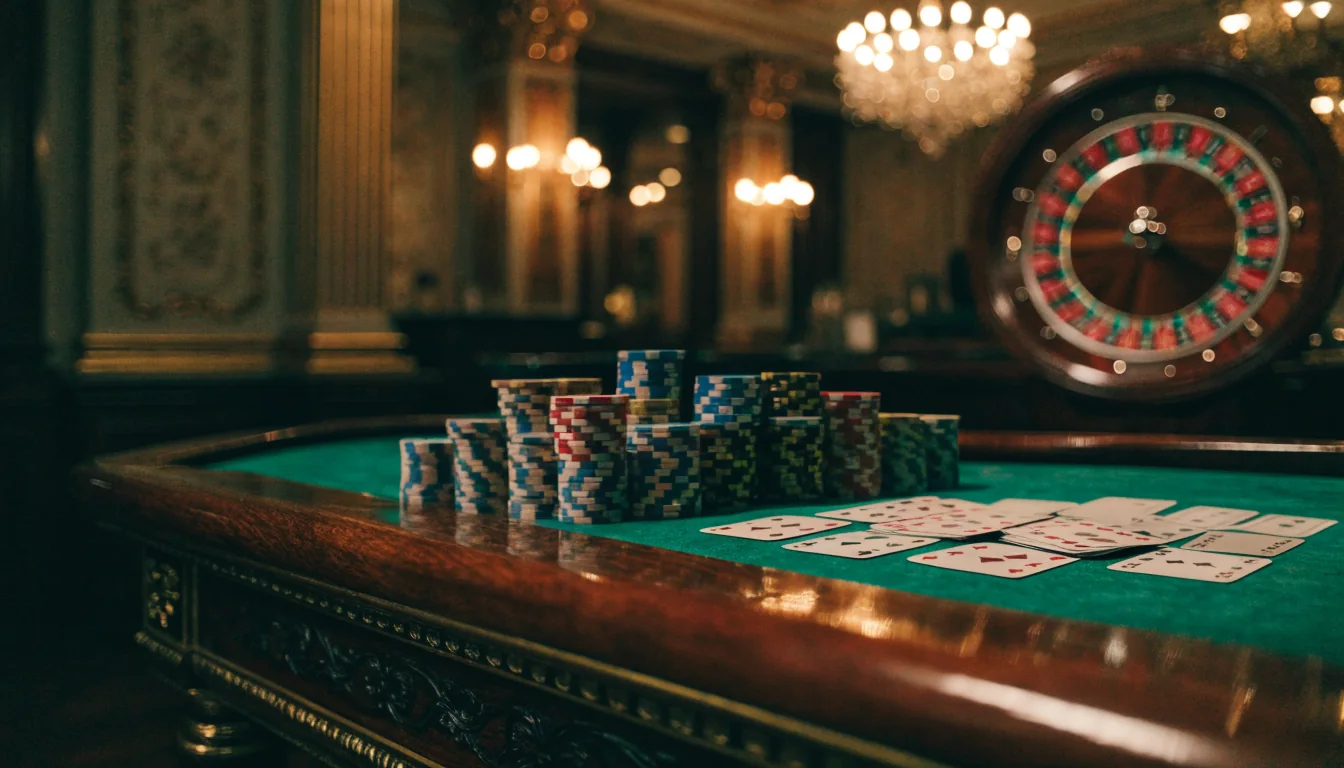 Elegant British casino lounge with gaming table, chips, playing cards, and roulette wheel