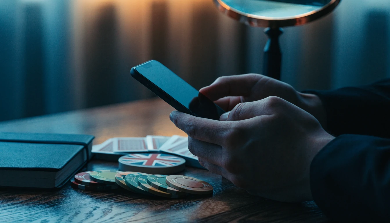 UK player verifying online casino games with phone, chips and cards
