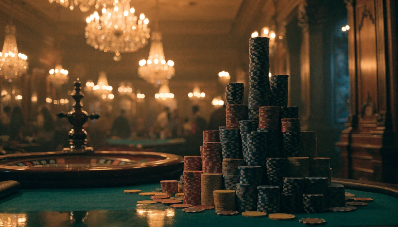 Elegant British casino interior with stacked chips and roulette wheel under warm golden lighting