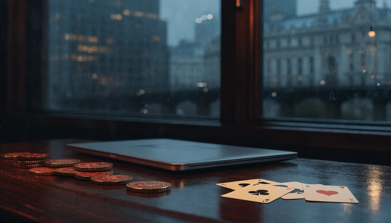 Luxurious UK casino-themed desk scene with laptop and tokens