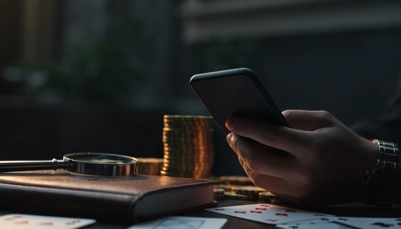 Smartphone and casino chips beside magnifying glass reviewing bonus terms