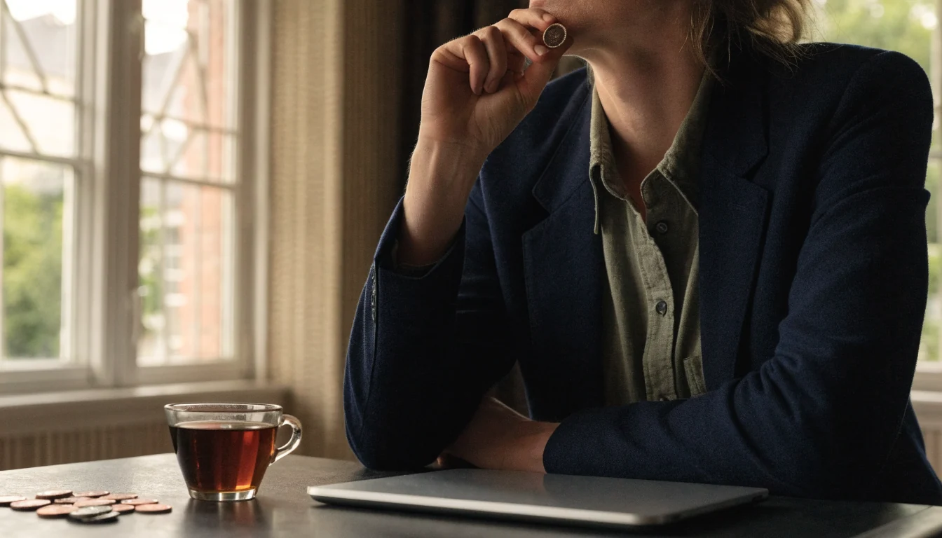 Relaxed British player handling a token beside a closed tablet.
