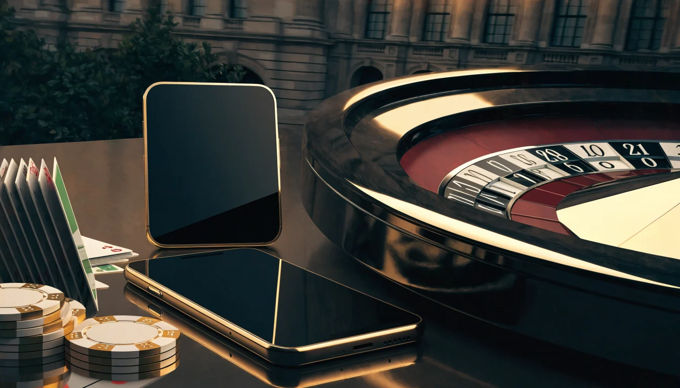 Elegant UK casino review scene with roulette, cards, chips and blank devices