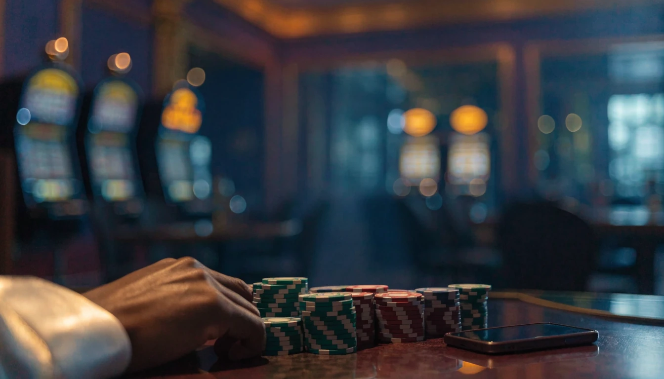 Casino chips and a face-down phone in an elegant London lounge