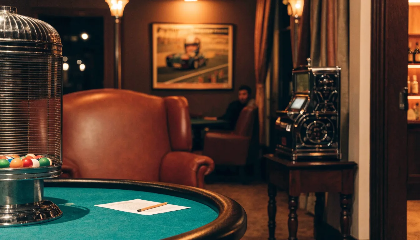 British casino lounge with bingo cage and slot machine on green felt table under warm evening lighting