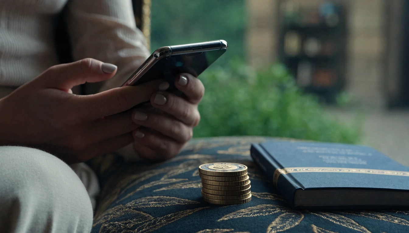 Hands checking a hidden smartphone beside casino tokens in a UK lounge