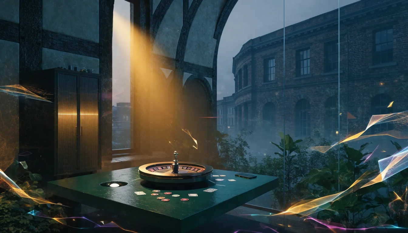 Stylised UK casino lounge with roulette and abstract gaming technology