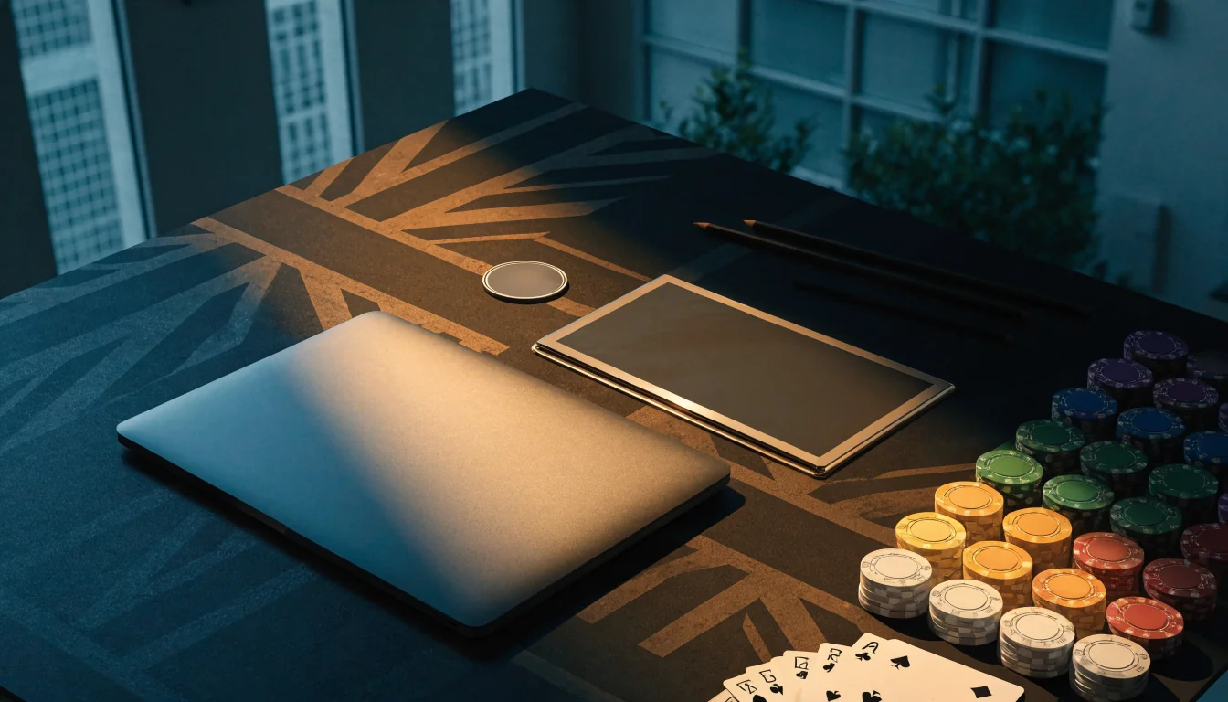 Closed laptop, permit folder, BNB-style coin and casino items on a British desk