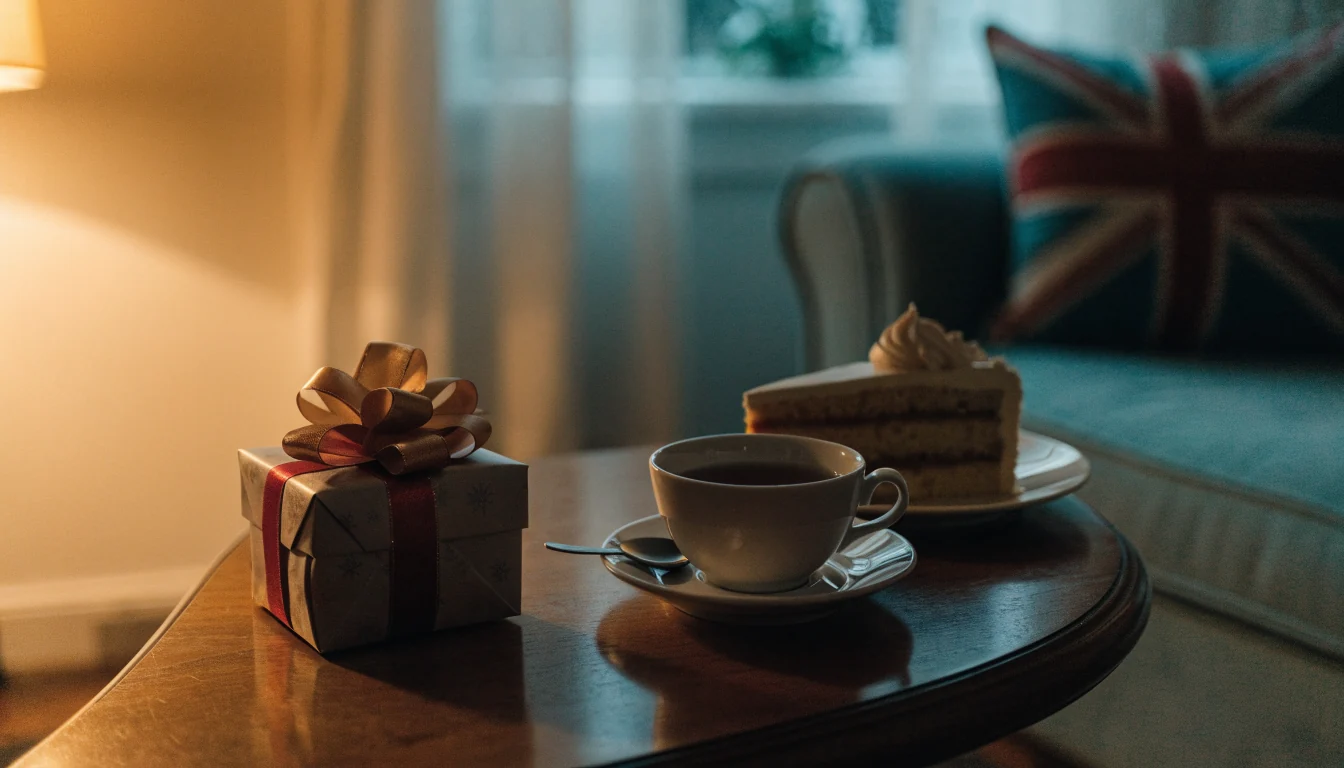 British birthday gift box with tea and cake on a cozy living room table