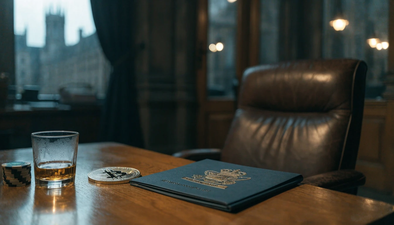 UK desk scene with casino chips, Bitcoin Cash coin, and official licence folder