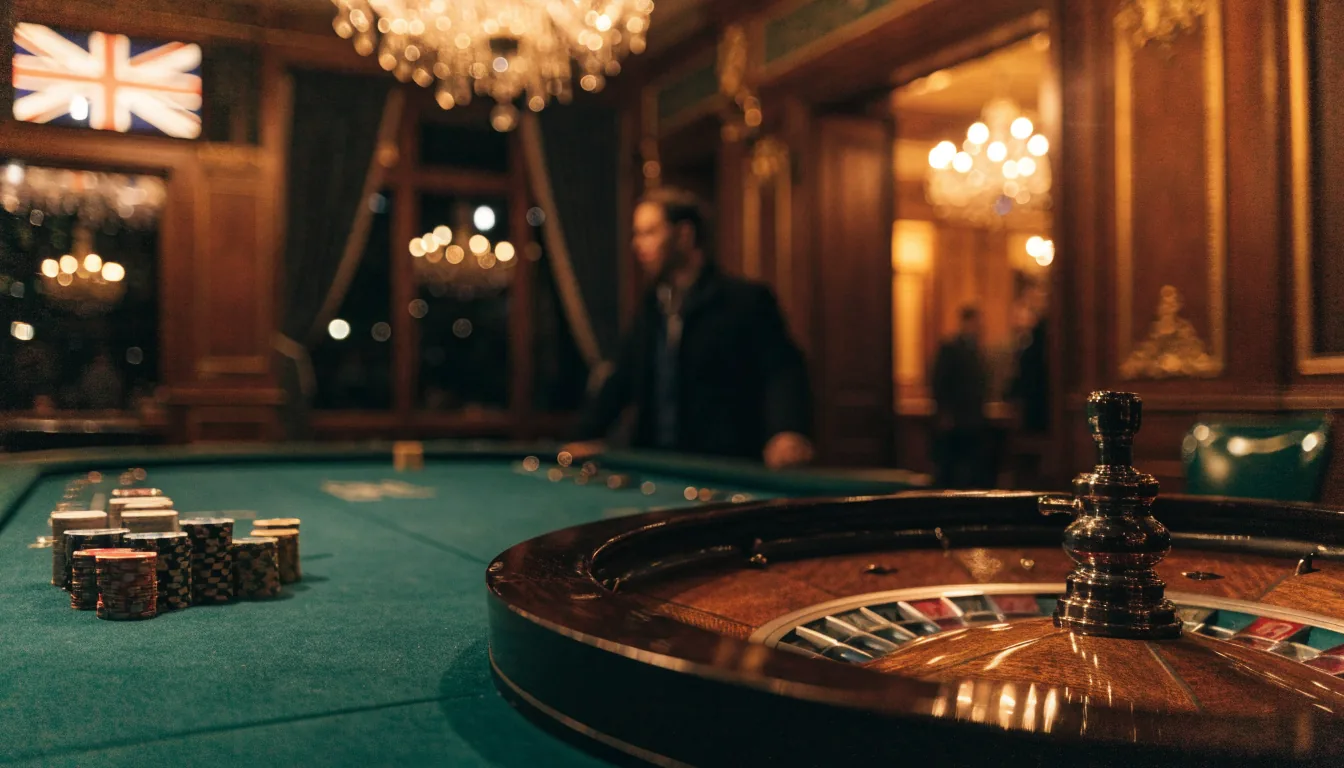 Elegant British casino interior with roulette wheel and gaming chips