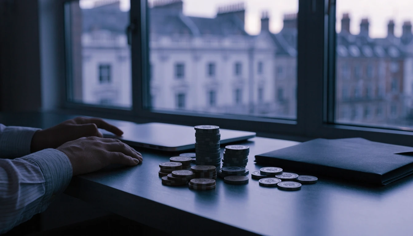UK casino comparison represented by closed laptop, tokens, chips, and licence folder