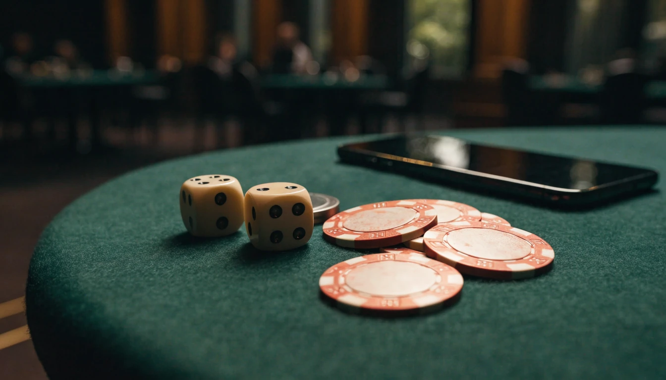Casino dice and chips on a green table beside a face-down smartphone