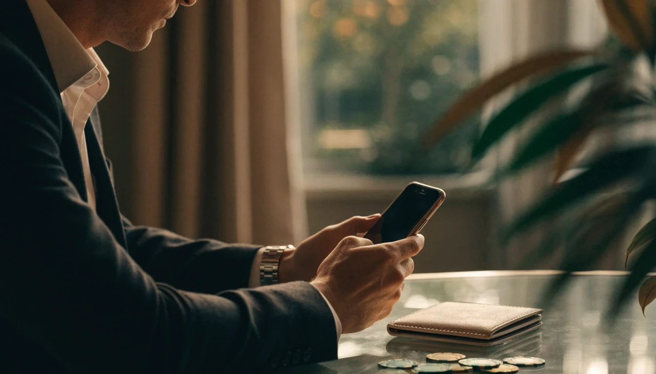 Player checking phone beside wallet and casino chips