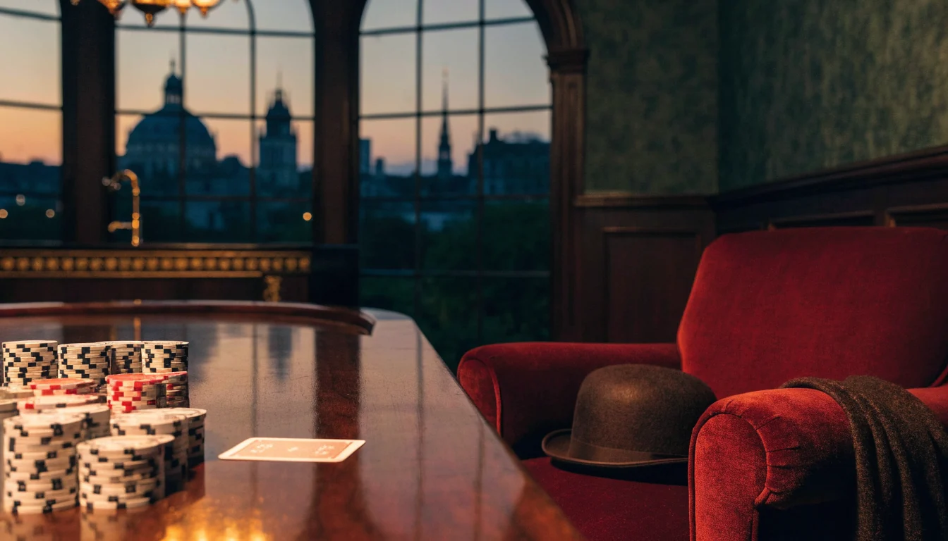 British upscale private gaming lounge with casino chips, card, and London skyline at dusk