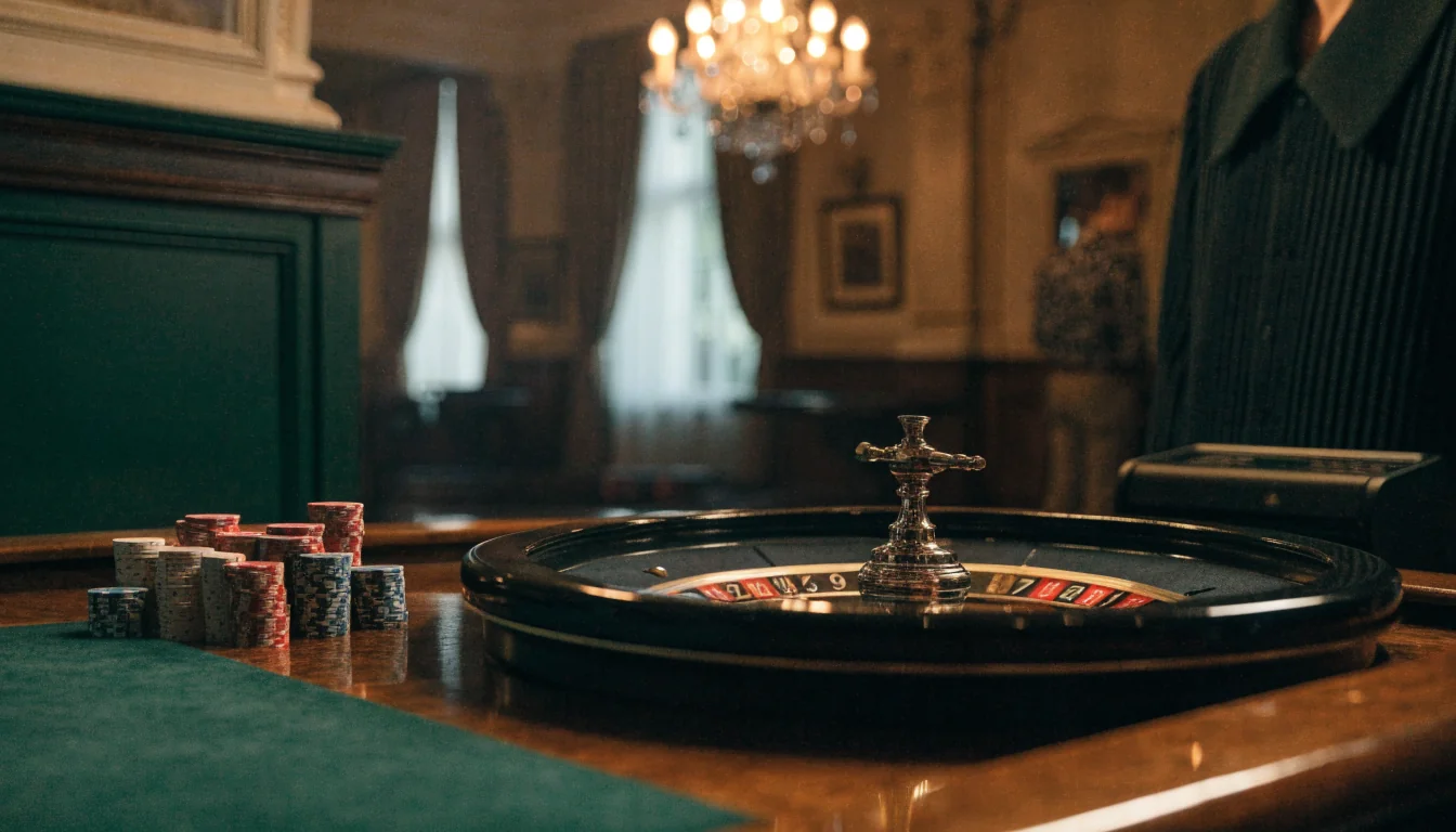 Elegant British casino interior with roulette wheel and chips on a wooden table