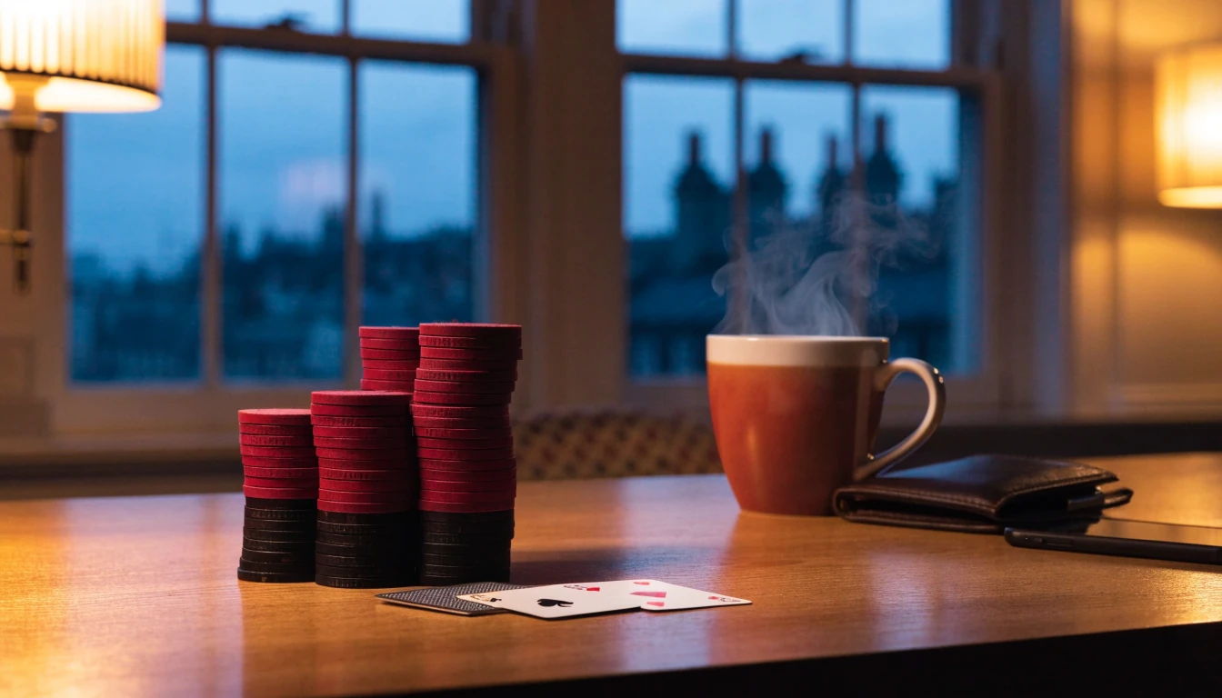 UK evening desk scene with poker chips, playing cards, smartphone, and a cup of tea