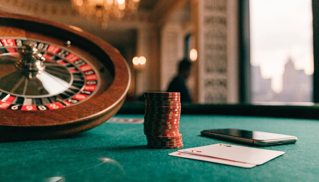 Roulette wheel, casino chips, playing cards and a face-down smartphone on an elegant London casino table.
