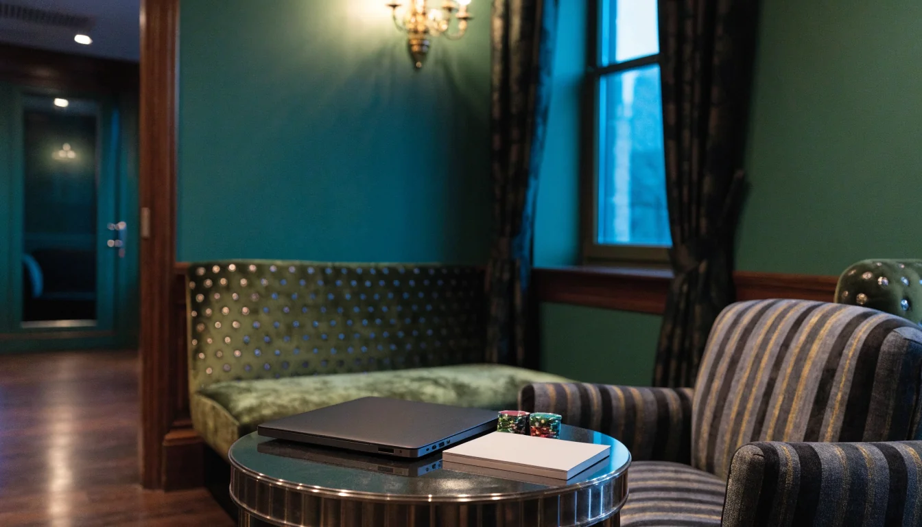 Restrained UK casino VIP lounge with closed laptop and membership booklet
