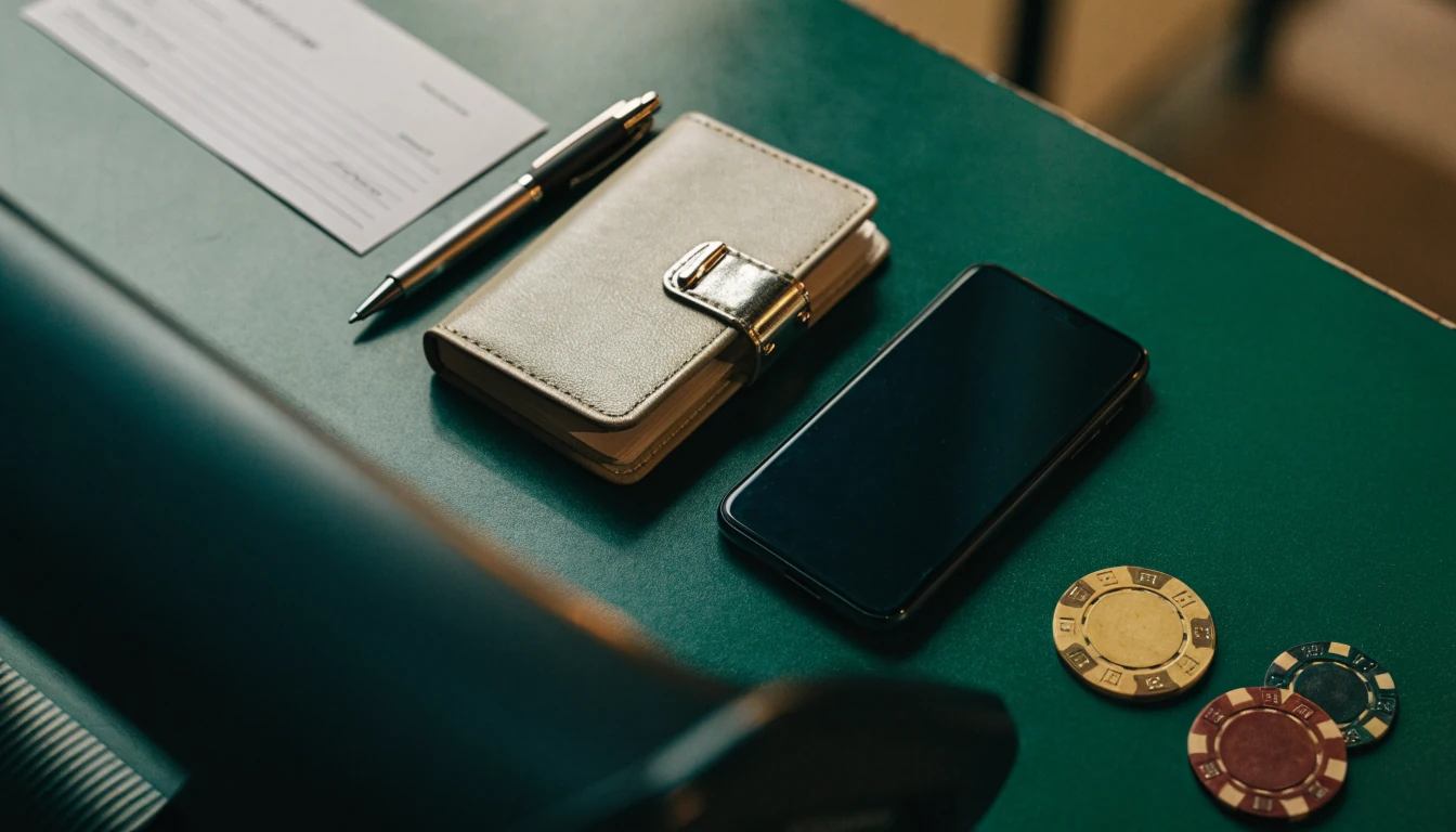 Bank cheque, chequebook, face-down phone and casino chips on a payment desk