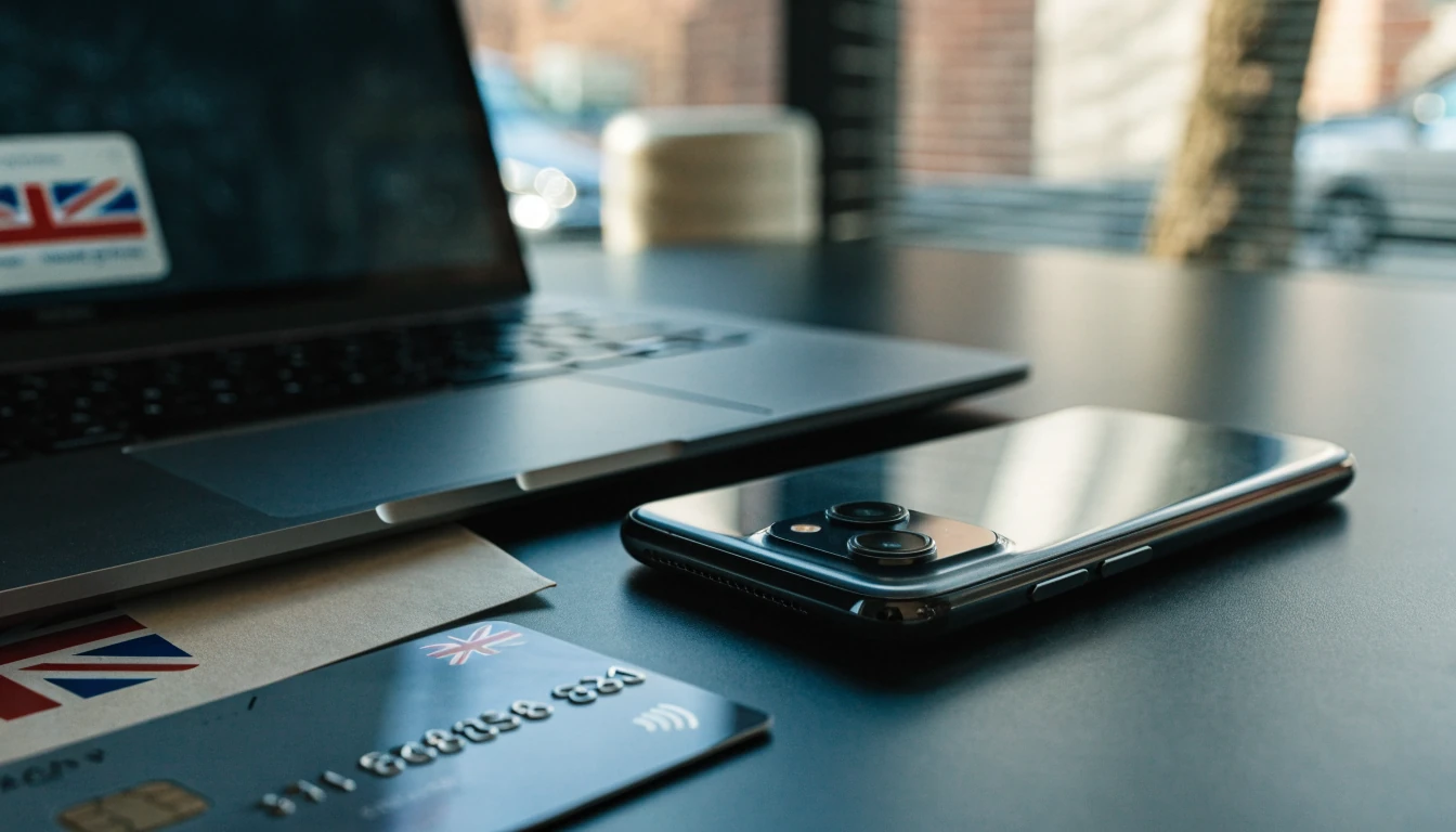 UK bank transfer payment setup with smartphone, bank card, and laptop