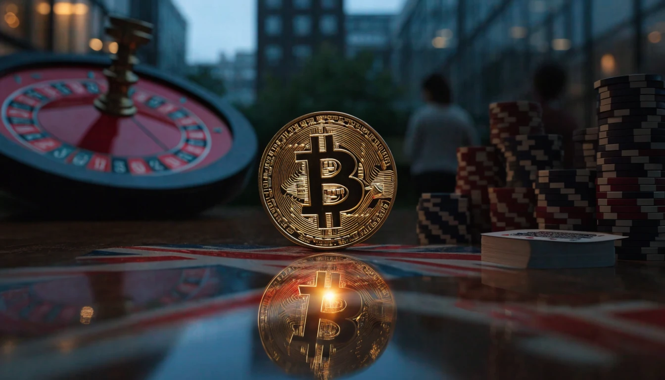 Golden Bitcoin coin on a dark wood surface with roulette wheel, poker chips, and cards, suggesting a British crypto casino setting.