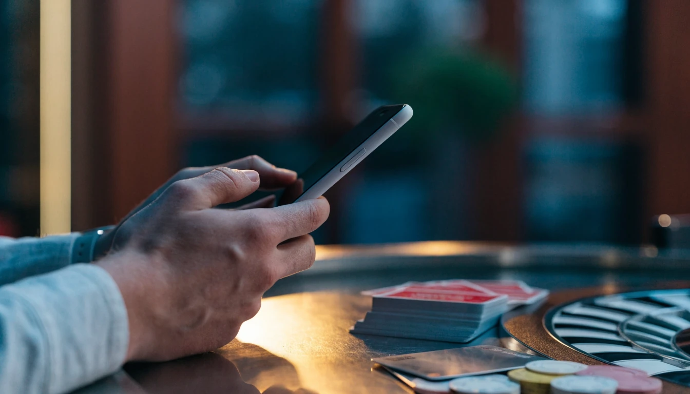 UK casino payment scene with smartphone, chips, cards and roulette wheel