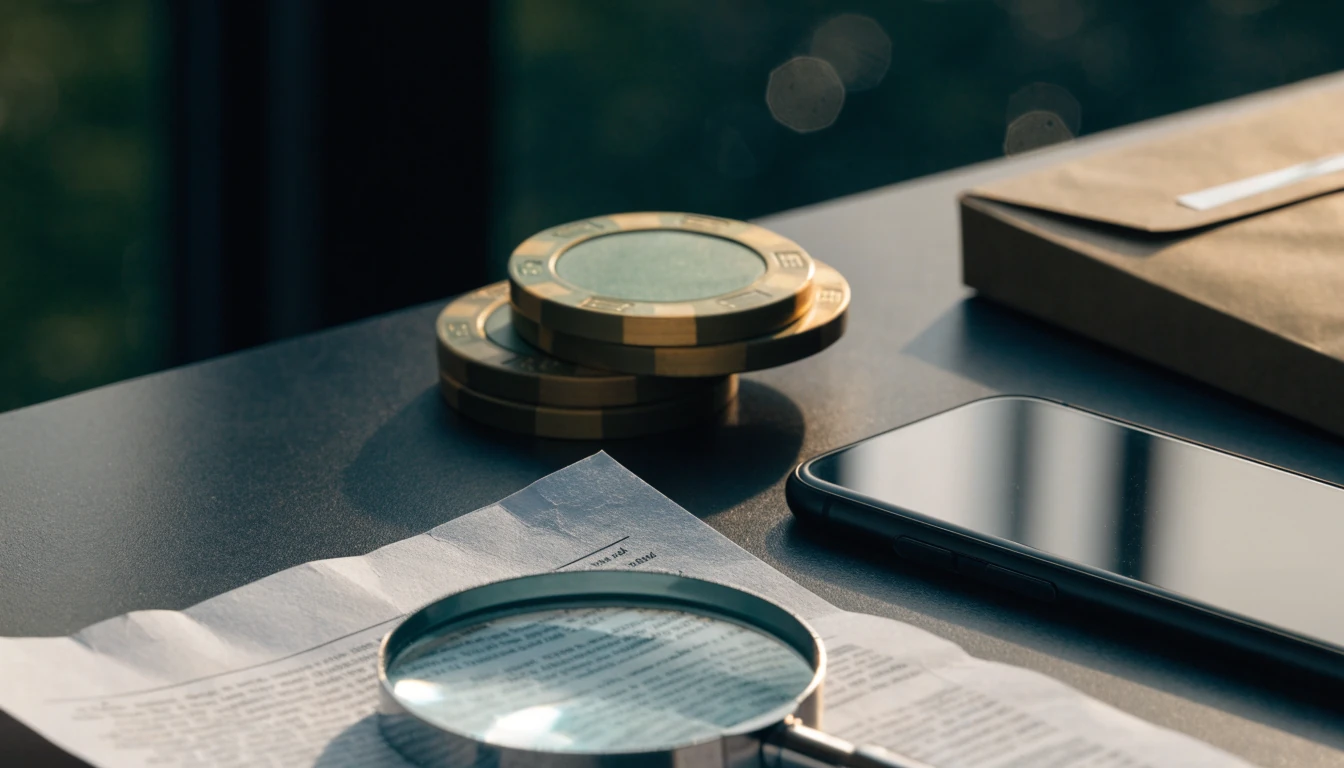 Smartphone, casino chips, deposit envelope, and fine-print inspection