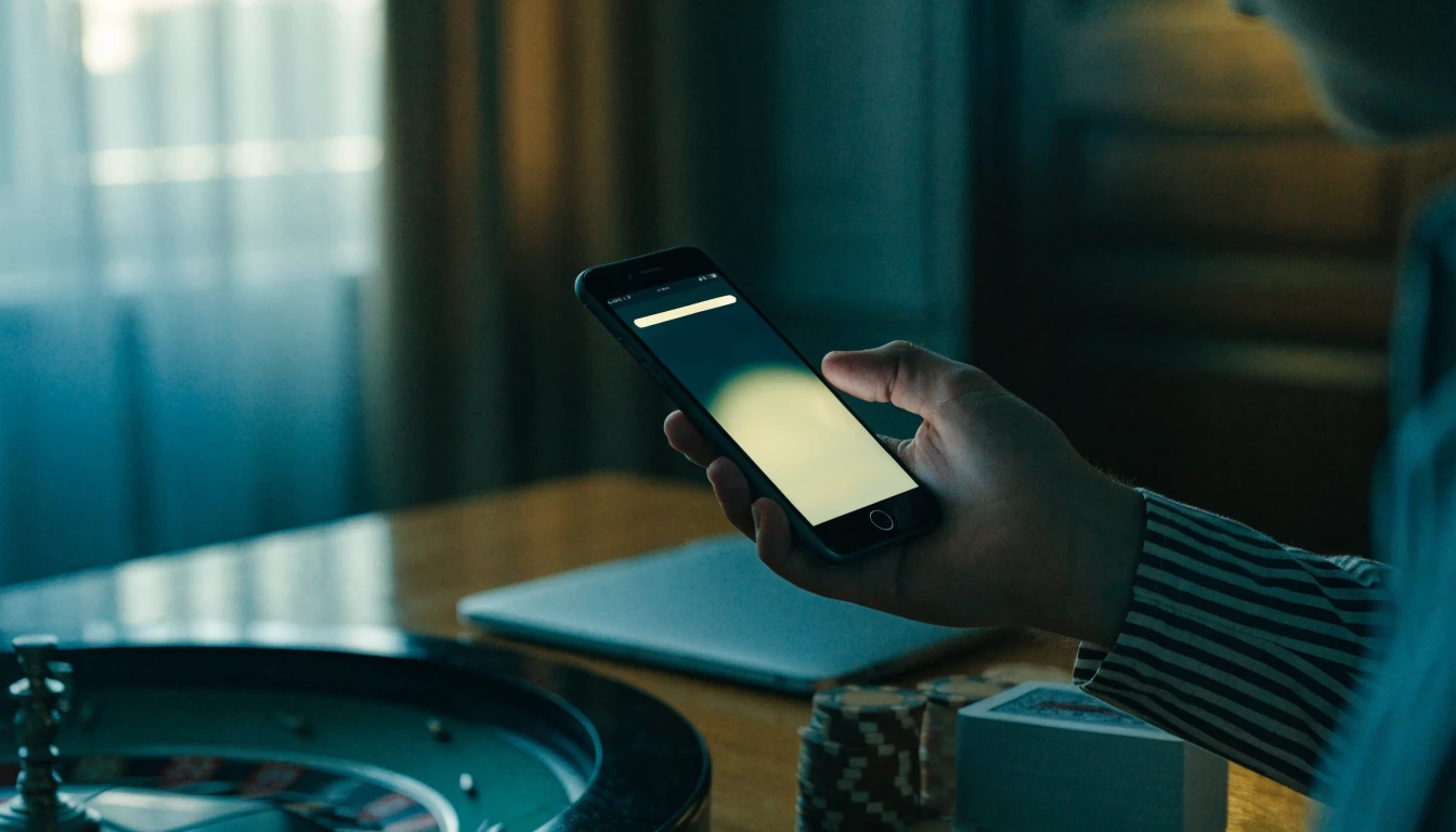 Smartphone payment beside casino chips and cards in a UK setting