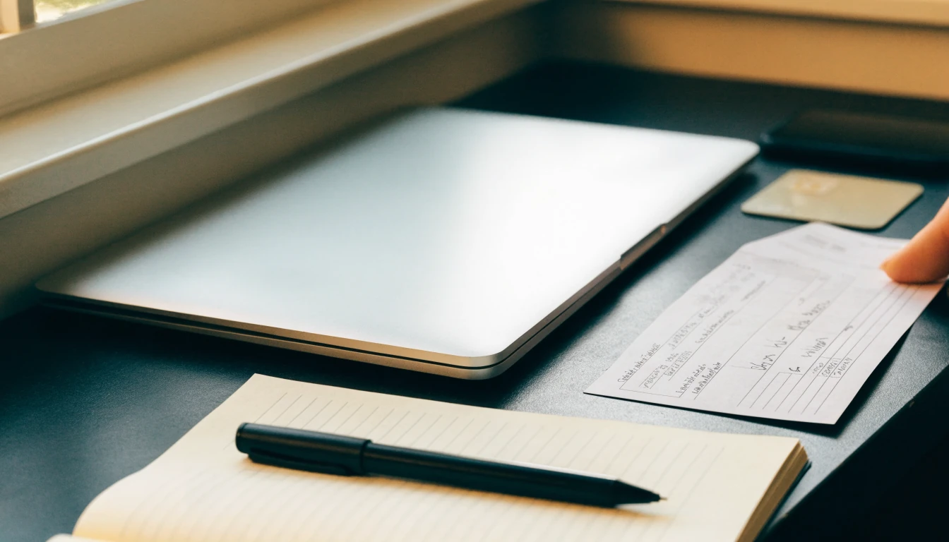 Closed laptop and handwritten cheque on a tidy desk