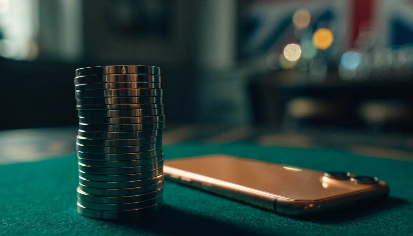 Stacked casino chips with Ethereum symbol on dark green felt
