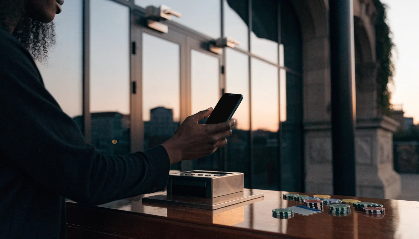 Adult using a smartphone for contactless payment at a stylish UK casino counter