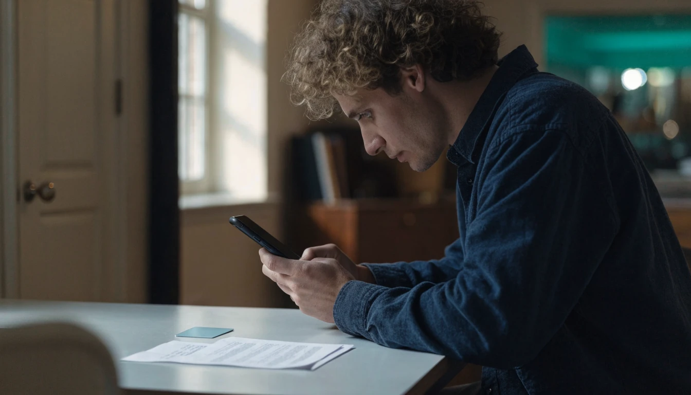 UK gambler discreetly checking an unseen payment screen at home
