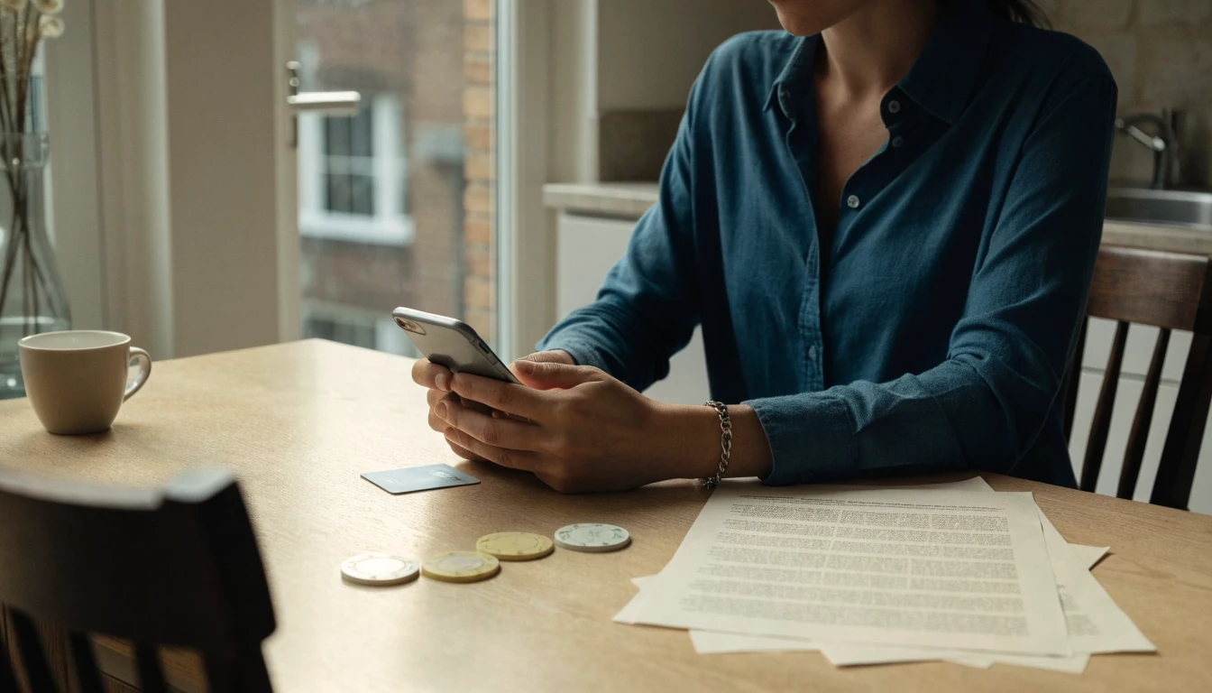 Person checking casino bonus terms beside a bank card and chips