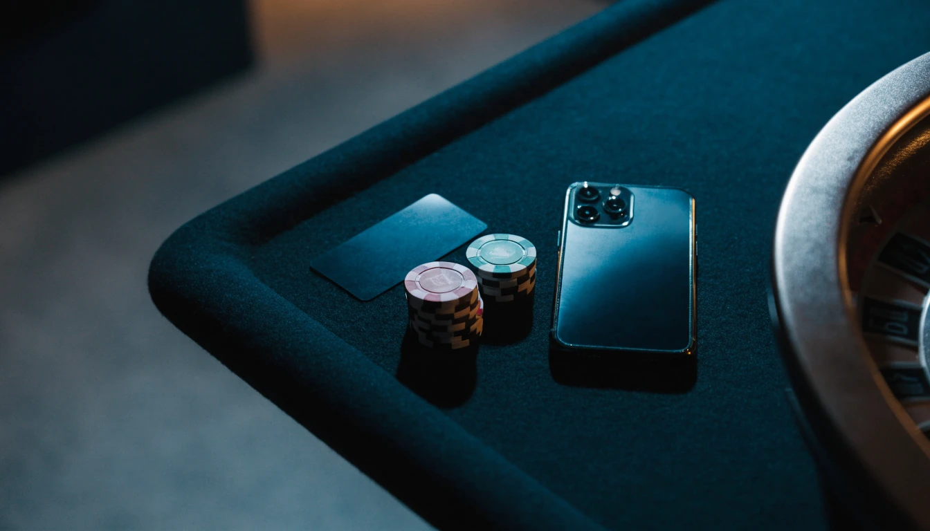 Credit card, casino chips and face-down smartphone on a dark casino table