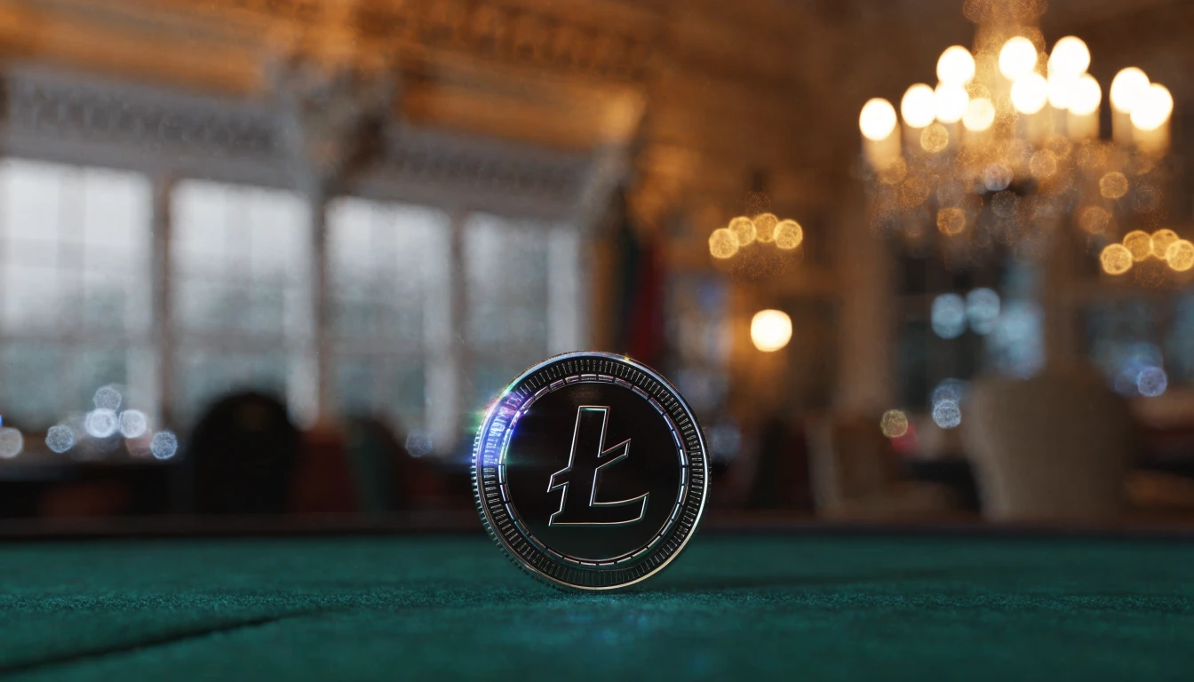 Silver Litecoin coin on a green casino table with elegant ambient lighting
