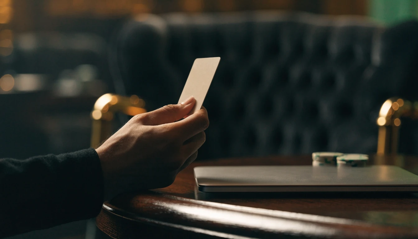 Player checking a payment card and closed laptop in a casino setting