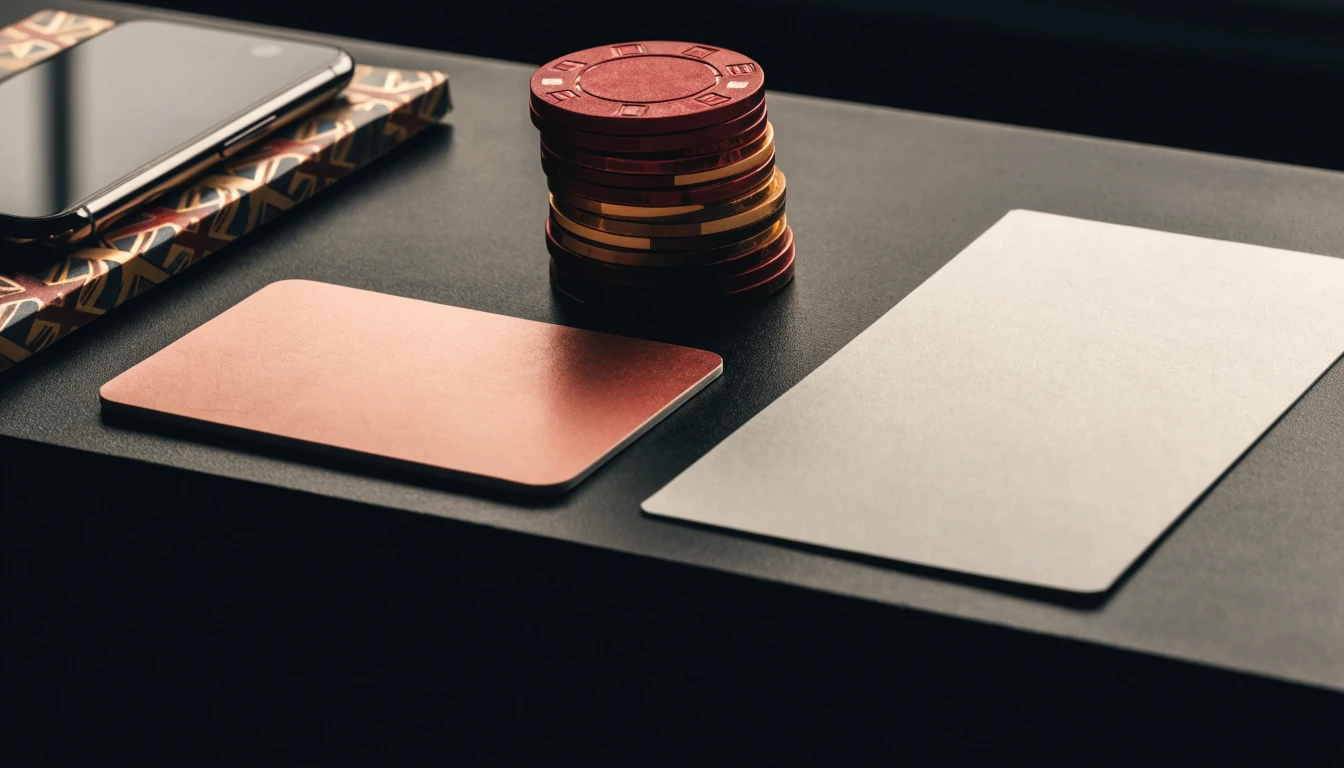 Payment card, closed phone, and casino chips on a UK-themed desk